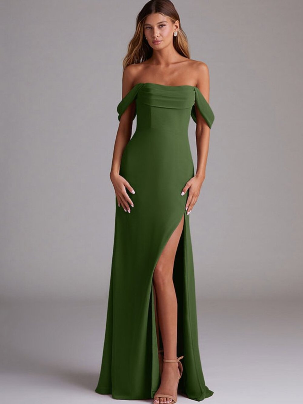 Azazie Olive Chiffon Bridesmaid Dress | Off Shoulder | Slit | Worn Once
